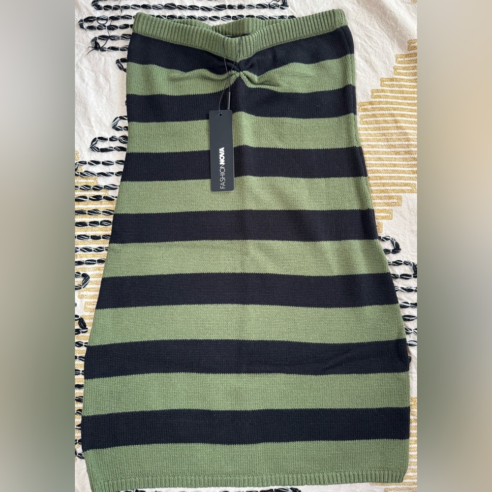 Fashion Nova Olive Green & Black Striped Midi Knit Skirt
